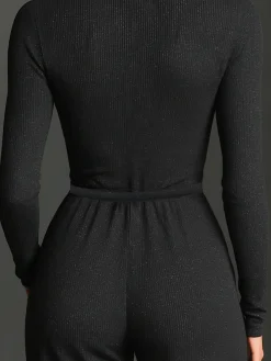 Casual Zipper Plain Mock Neck Pockets Jumpsuit