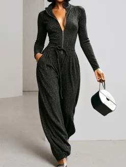 Casual Zipper Plain Mock Neck Pockets Jumpsuit