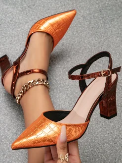 Color-block Croc-embossed Chunky Heel Ankle Strap Pumps