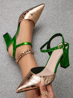 Color-block Croc-embossed Chunky Heel Ankle Strap Pumps