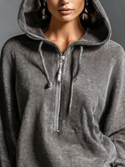 Corduroy Casual Plain Zipper Hoodie