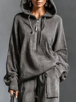 Corduroy Casual Plain Zipper Hoodie