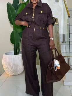 Cotton And Linen Casual Buttoned Plain Shawl Collar Shirt Jumpsuit