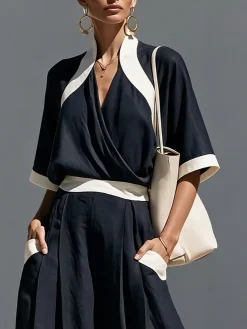 Cotton And Linen Casual Color Block V Neck Blouse