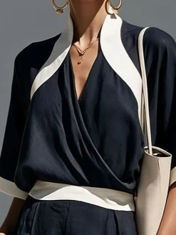 Cotton And Linen Casual Color Block V Neck Blouse