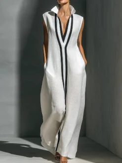 Cotton And Linen Casual Color Block Stand Collar Jumpsuit