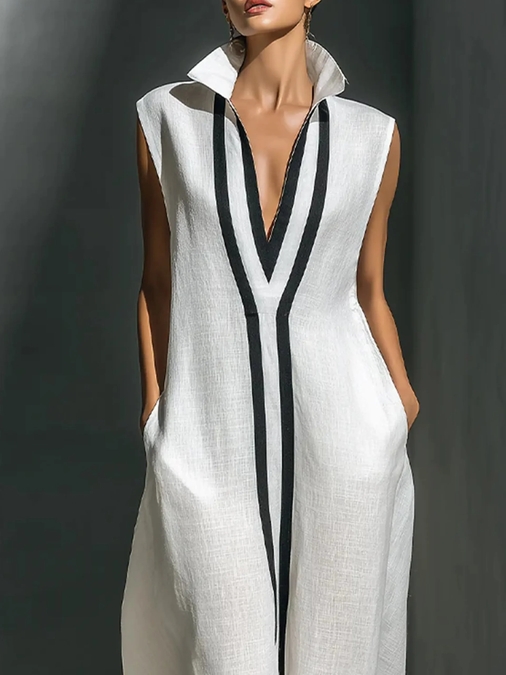 Cotton And Linen Casual Color Block Stand Collar Jumpsuit