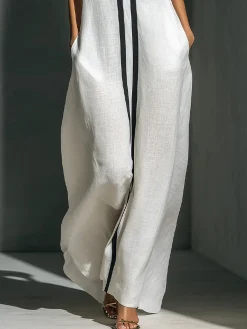 Cotton And Linen Casual Color Block Stand Collar Jumpsuit