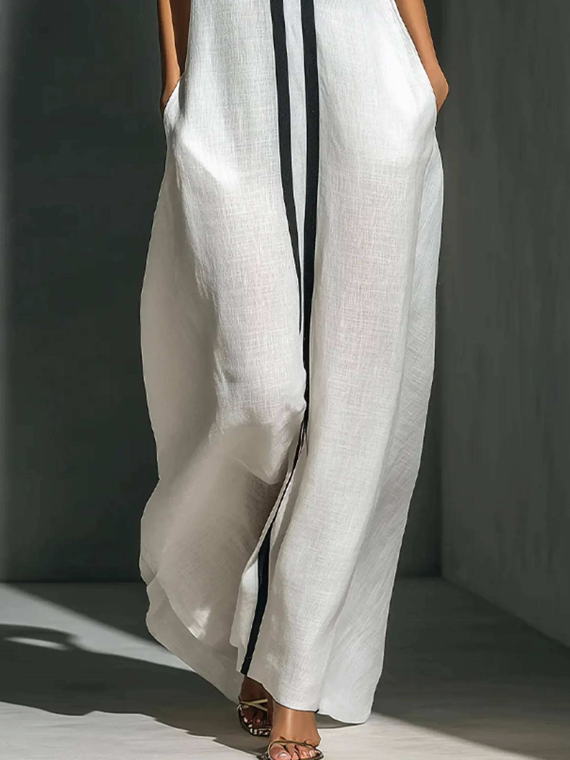 Cotton And Linen Casual Color Block Stand Collar Jumpsuit