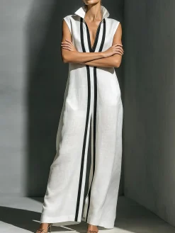 Cotton And Linen Casual Color Block Stand Collar Jumpsuit