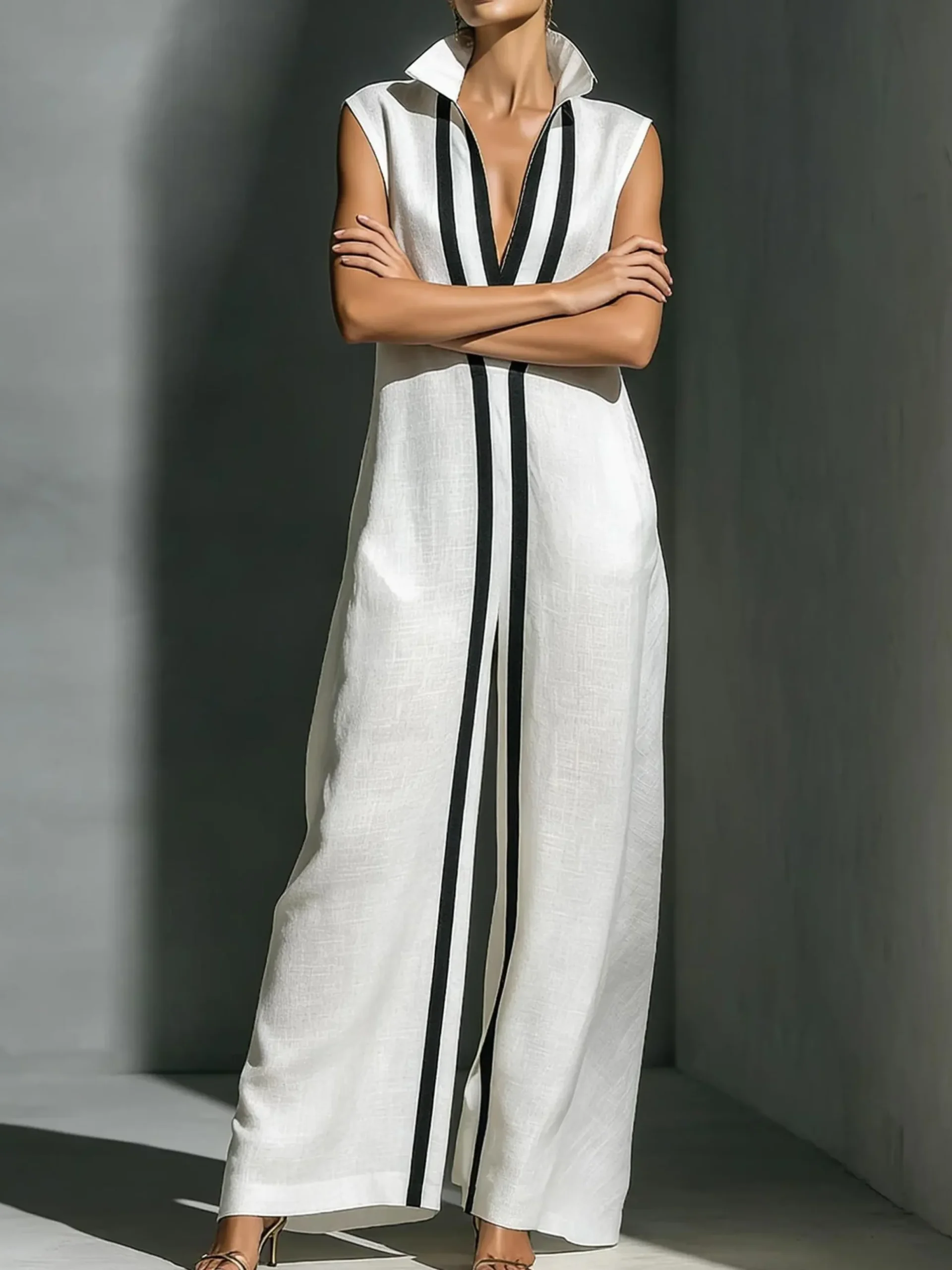 Cotton And Linen Casual Color Block Stand Collar Jumpsuit