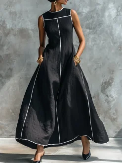 Cotton And Linen Casual Color Block Webbing Crew Neck Maxi Dress