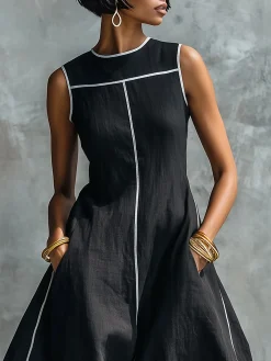Cotton And Linen Casual Color Block Webbing Crew Neck Maxi Dress