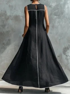 Cotton And Linen Casual Color Block Webbing Crew Neck Maxi Dress