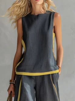 Cotton And Linen Casual Color Block Crew Neck Tank Top