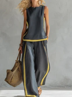 Cotton And Linen Casual Color Block Crew Neck Tank Top