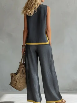 Cotton And Linen Casual Color Block Crew Neck Tank Top