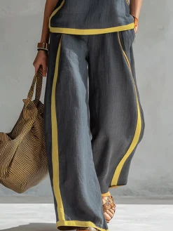 Cotton And Linen Casual Color Block Wide Leg Pants