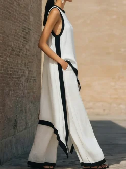 Cotton And Linen Casual Color Block Straight Pants