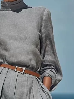 Cotton And Linen Casual Plain Stand Collar Blouse