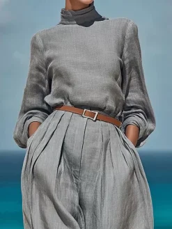Cotton And Linen Casual Plain Stand Collar Blouse