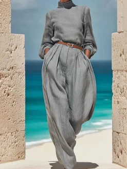 Cotton And Linen Casual Plain Stand Collar Blouse