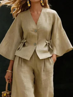 Cotton And Linen Casual Plain Distressing V Neck Shirt