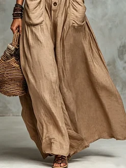 Cotton And Linen Casual Plain Button Detail Shirt Collar Maxi Dress