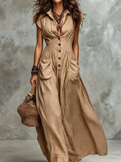 Cotton And Linen Casual Plain Button Detail Shirt Collar Maxi Dress