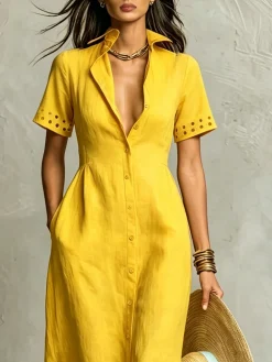Cotton And Linen Casual Plain Hollow Out Shirt Collar Maxi Dress