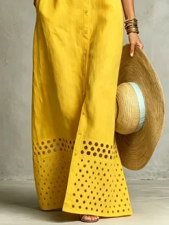 Cotton And Linen Casual Plain Hollow Out Shirt Collar Maxi Dress