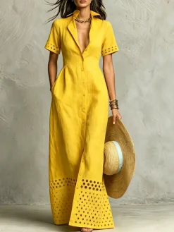 Cotton And Linen Casual Plain Hollow Out Shirt Collar Maxi Dress