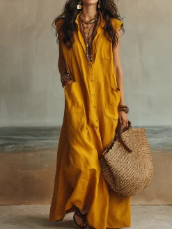 Cotton And Linen Casual Plain Split Joint Buttoned Pockets Maxi Dress