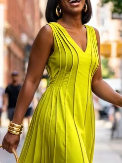 Cotton And Linen Casual Plain Ruched Midi Dress