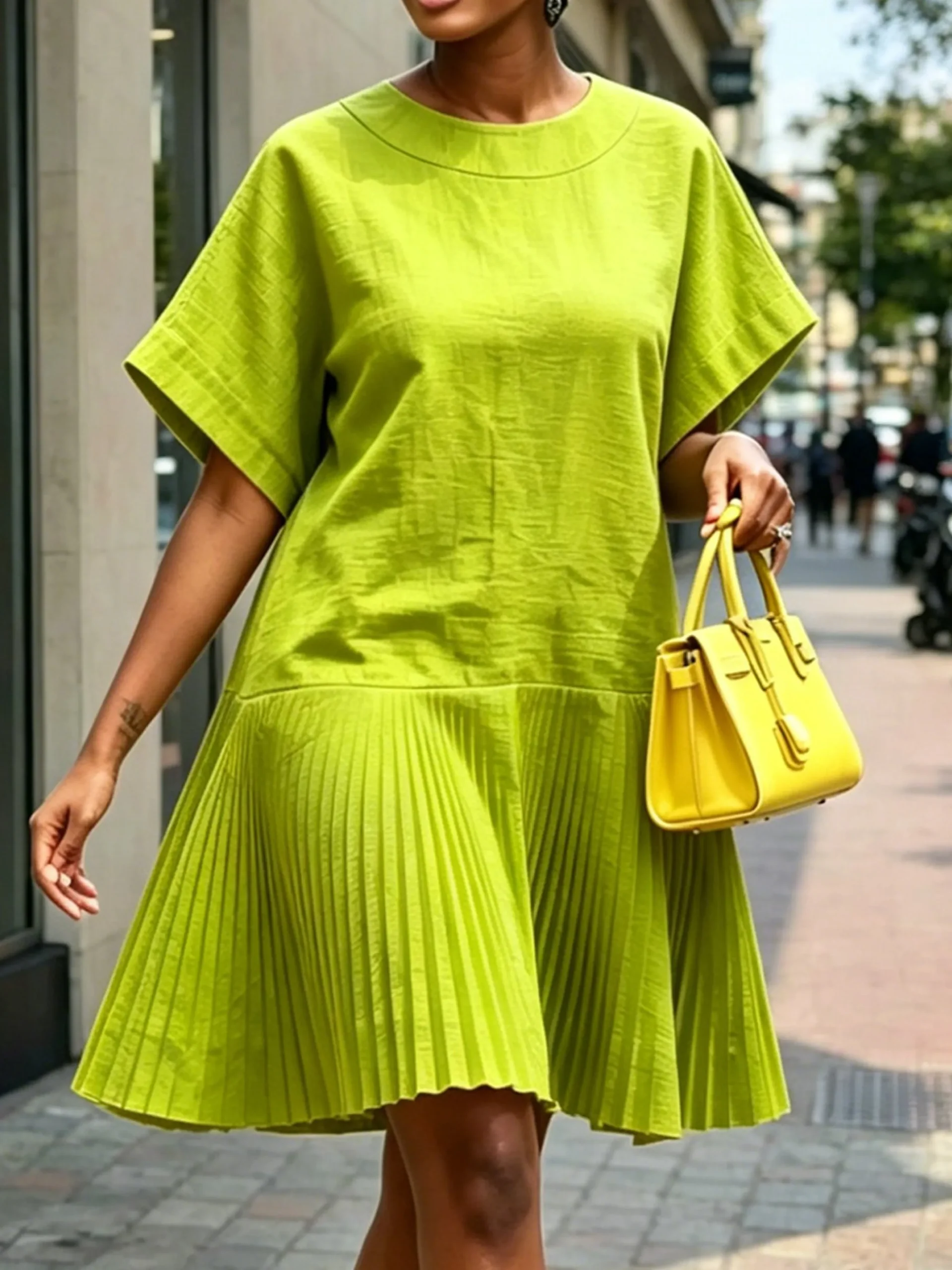 Cotton And Linen Casual Plain Pleated Crew Neck Knee Length Dress