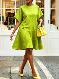 Cotton And Linen Casual Plain Pleated Crew Neck Knee Length Dress