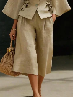 Cotton And Linen Casual Plain Distressing Wide Leg Pants