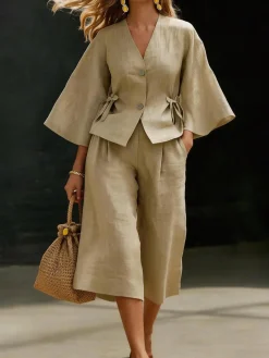 Cotton And Linen Casual Plain Distressing Wide Leg Pants