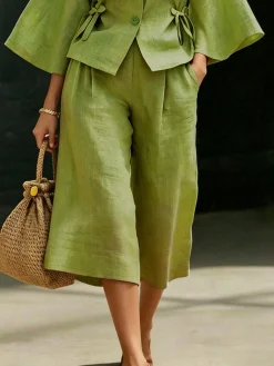 Cotton And Linen Casual Plain Distressing Wide Leg Pants