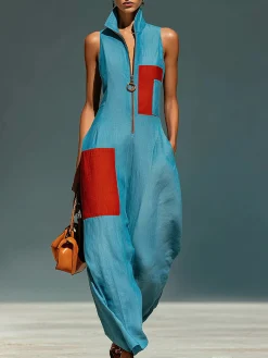 Cotton And Linen Casual Split Joint Color Block Shawl Collar Jumpsuit