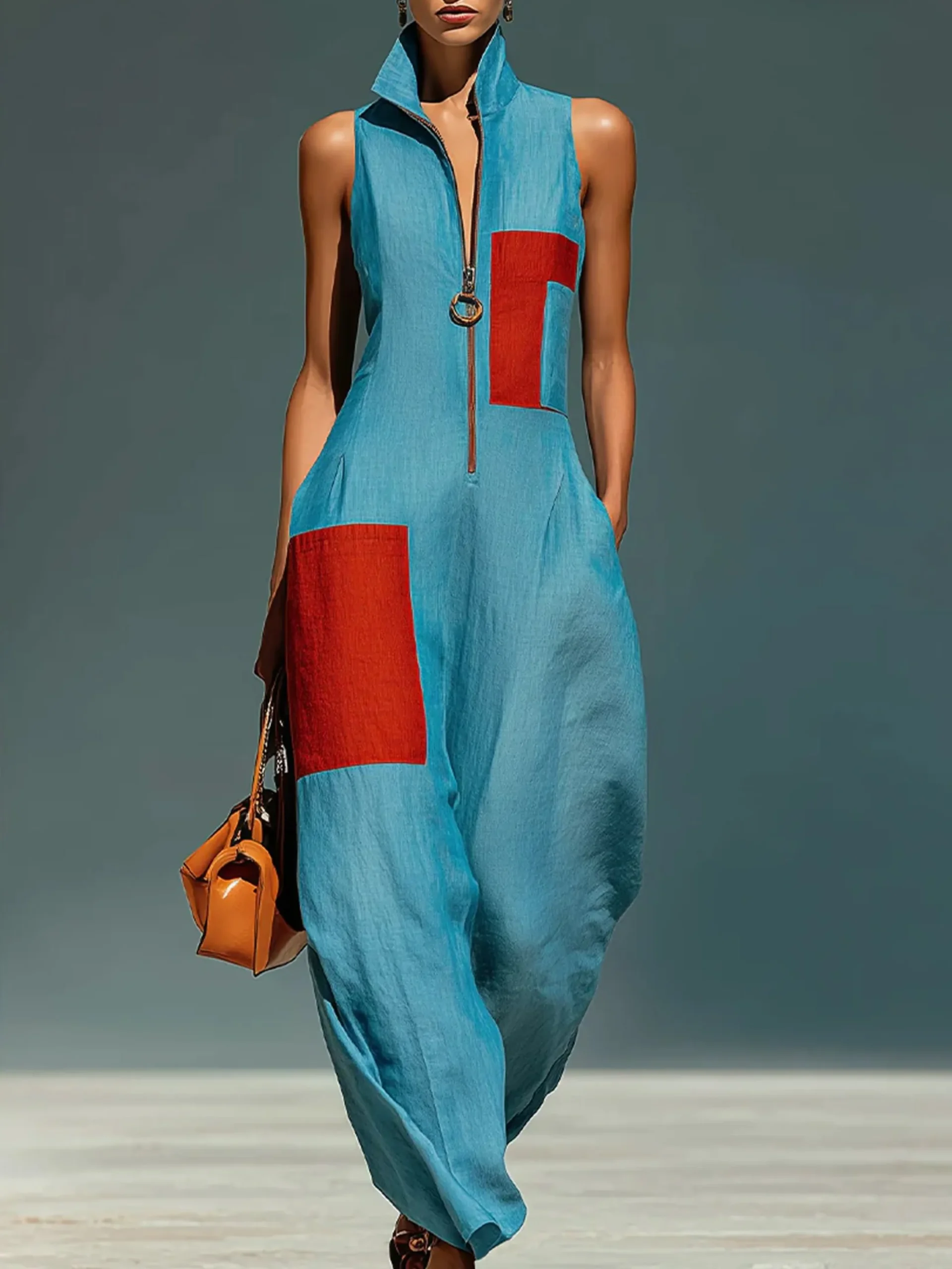 Cotton And Linen Casual Split Joint Color Block Shawl Collar Jumpsuit