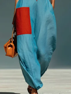Cotton And Linen Casual Split Joint Color Block Shawl Collar Jumpsuit