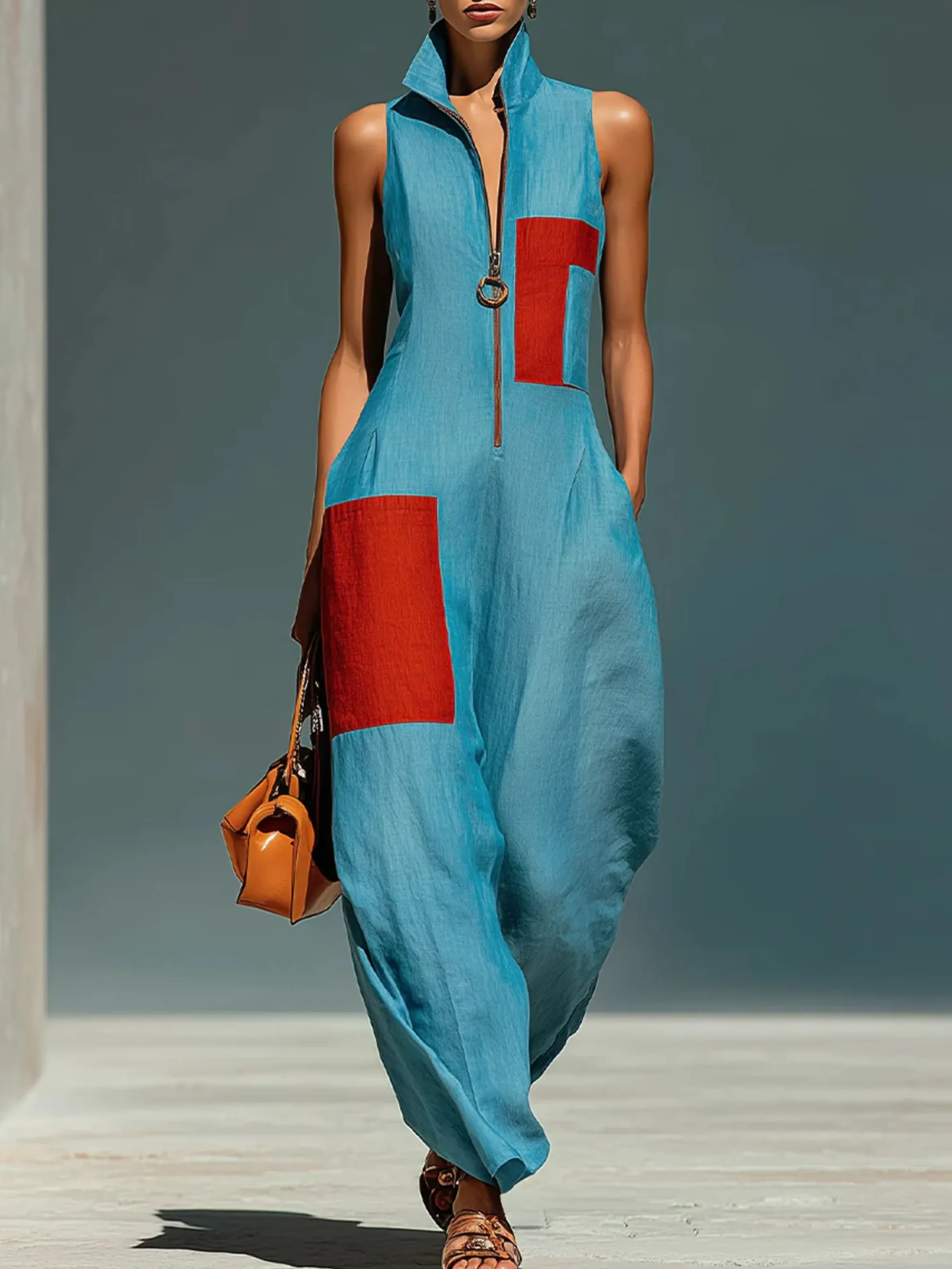 Cotton And Linen Casual Split Joint Color Block Shawl Collar Jumpsuit
