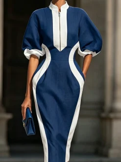 Cotton And Linen Urban Color Block Split Joint Midi Dress
