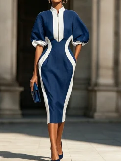 Cotton And Linen Urban Color Block Split Joint Midi Dress
