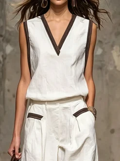 Cotton And Linen Urban Plain V Neck Blouse