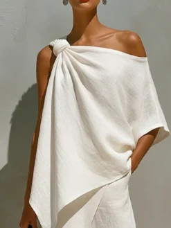 Cotton And Linen Vacation Plain Bow Asymmetrical Blouse
