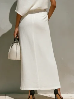 Cotton And Linen Vacation Slit Plain Maxi Skirt