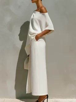 Cotton And Linen Vacation Slit Plain Maxi Skirt