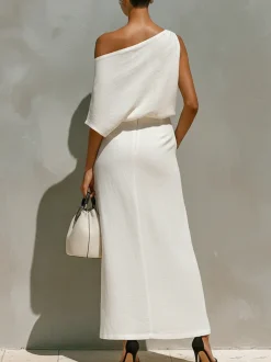 Cotton And Linen Vacation Slit Plain Maxi Skirt